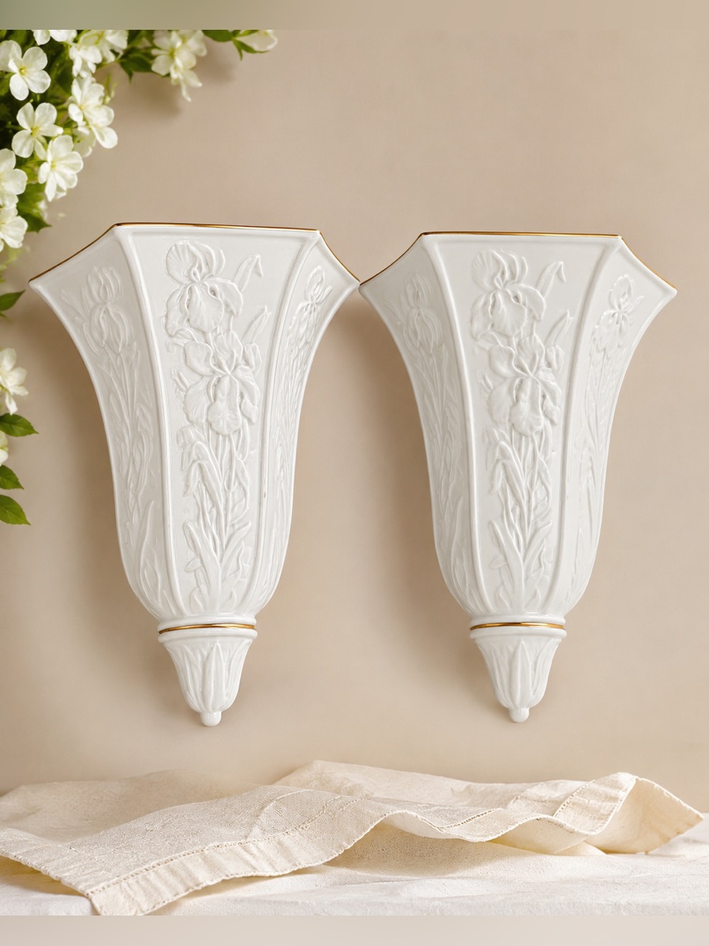 Lenox Iris Embossed Wall Pocket Vase Pair White Porcelain Gold Trim USA